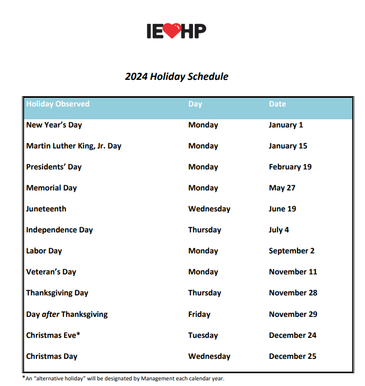 IEHP Holiday Schedule(Helpful Information and Resources)